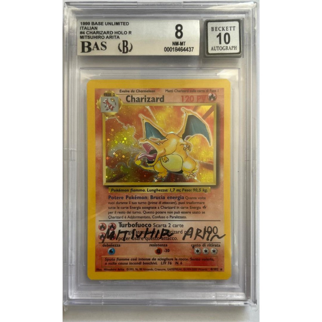Charizard set base holo autografata da arita- BGS 8 illustrazione- BGS 10 firma- CARTA GRADATA ITA BGS