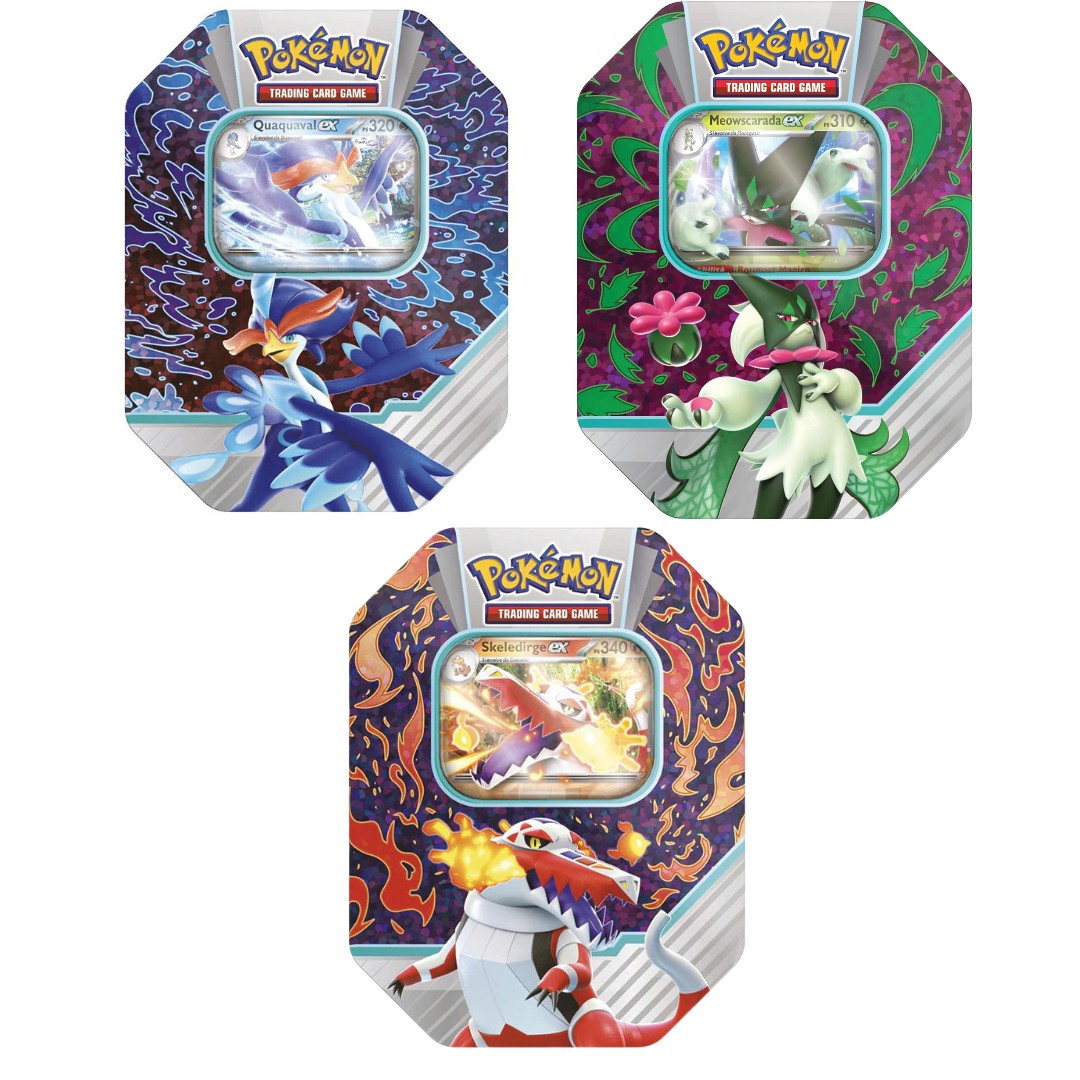 Trio di Tin da Collezione avventure di paldea -ogni tin contiene- (4 bustine - astri lucenti- ossidiana infuocata - scarlatto e violetto) ita