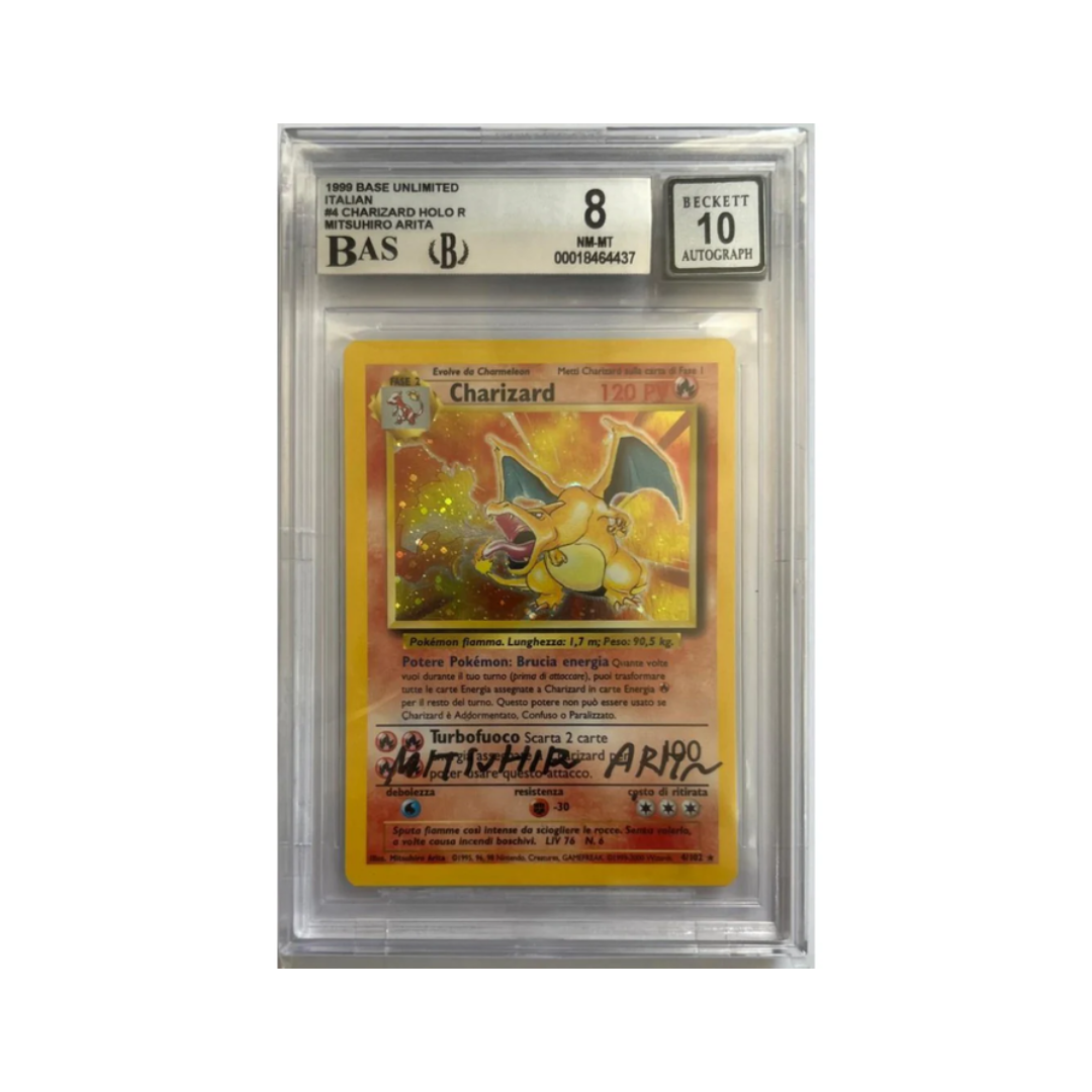 Charizard set base holo autografata da arita- BGS 8  illustrazione- BGS 10 firma- CARTA GRADATA ITA BGS