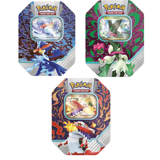 Trio di Tin da Collezione avventure di paldea -ogni tin contiene- (4 bustine - astri lucenti- ossidiana infuocata  - scarlatto e violetto) ita